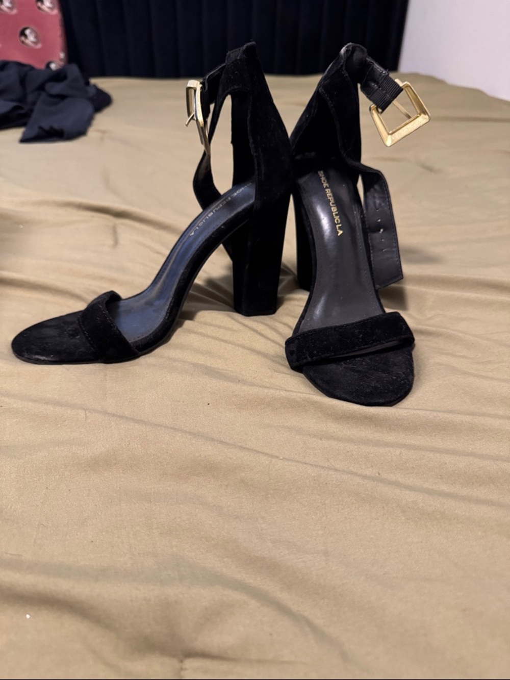 Shoe Republic LA Black Suede Block Heel Sandals with Gold Buckles